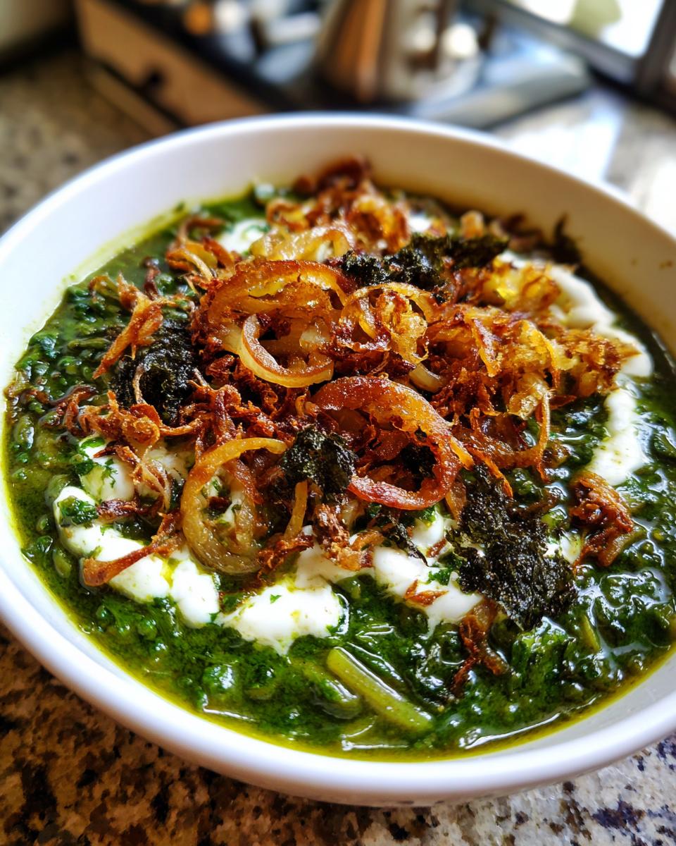 Close-up of a rich green Persian noodle soup topped with fried onions, herbs, and white yogurt or kashk.