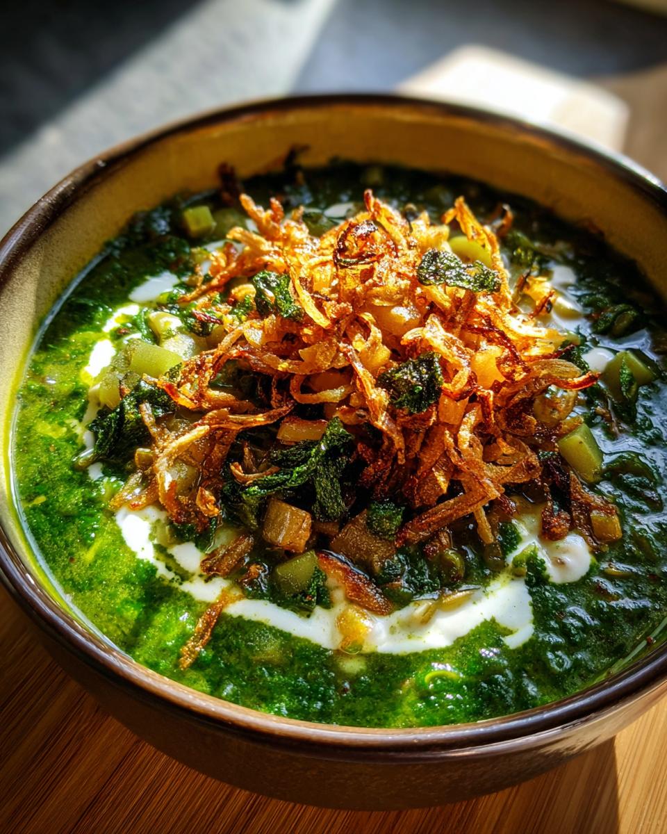 Close-up of a rich green Persian noodle soup topped with fried onions and a swirl of white yogurt or kashk.