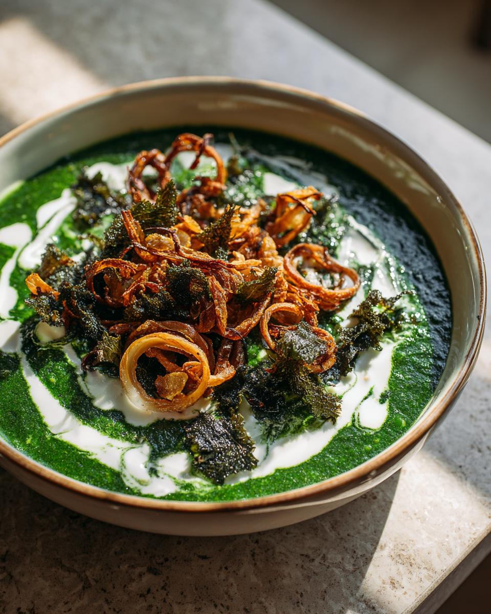 Close-up of a vibrant green persian noodle soup topped with fried onions, crispy herbs, and a swirl of white yogurt or kashk.