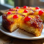 A moist slice cut from a homemade pineapple upside down cake, topped with caramelized pineapple rings and maraschino cherries.