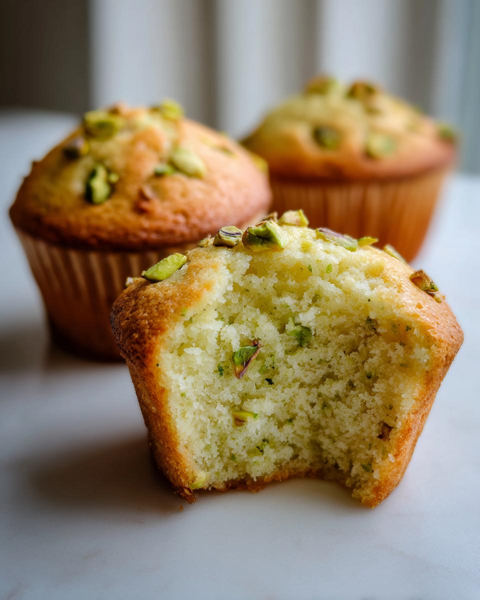 A close-up of a pistachio muffin with a bite taken out, revealing the moist interior and chopped pistachios on top.