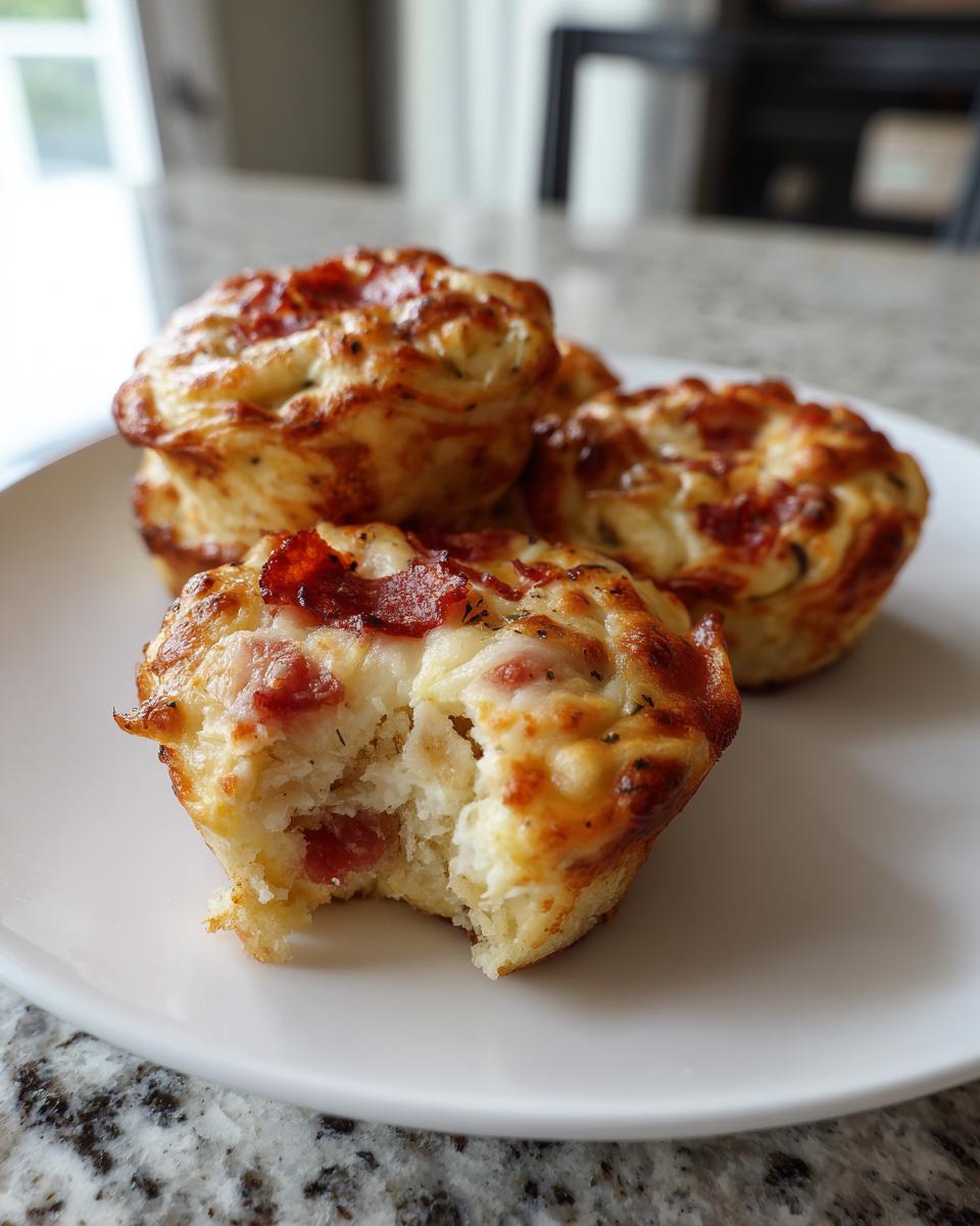 Three golden-brown pizza muffins on a white plate, one has a bite taken out showing the fluffy interior and pepperoni.