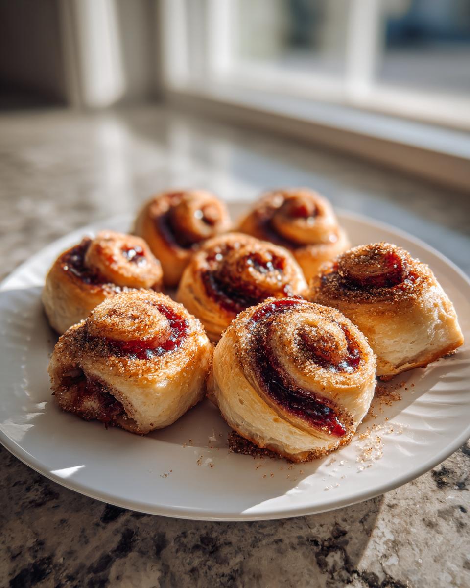 Six golden baked Rugelach pastries filled with jam, dusted generously with cinnamon sugar, served on a white plate.