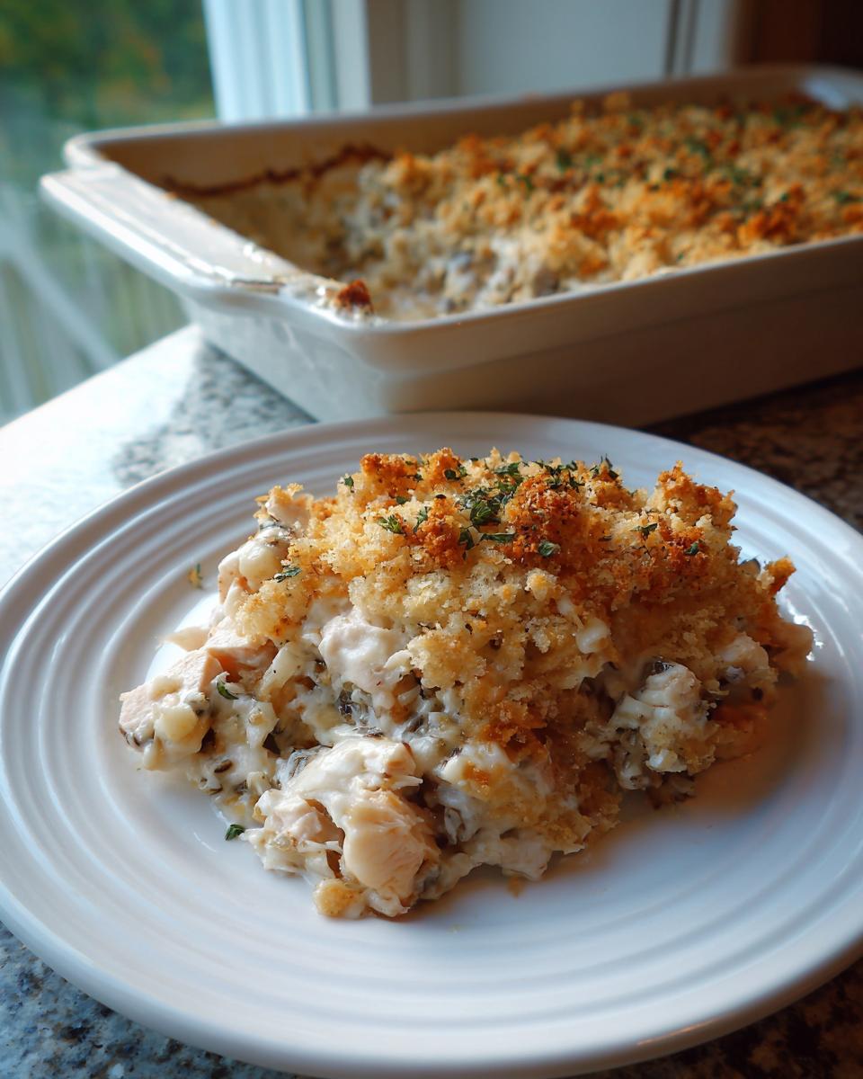A plated serving of creamy chicken and wild rice casserole topped with golden brown breadcrumbs.