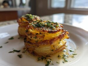Two golden brown potato stacks drizzled with garlic herb butter and topped with fresh parsley.