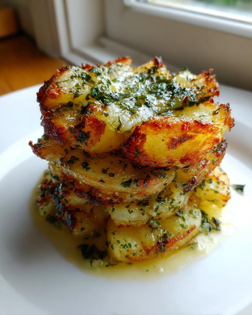 A tall stack of crispy, golden-brown potato stacks with garlic herb butter drizzled over them.