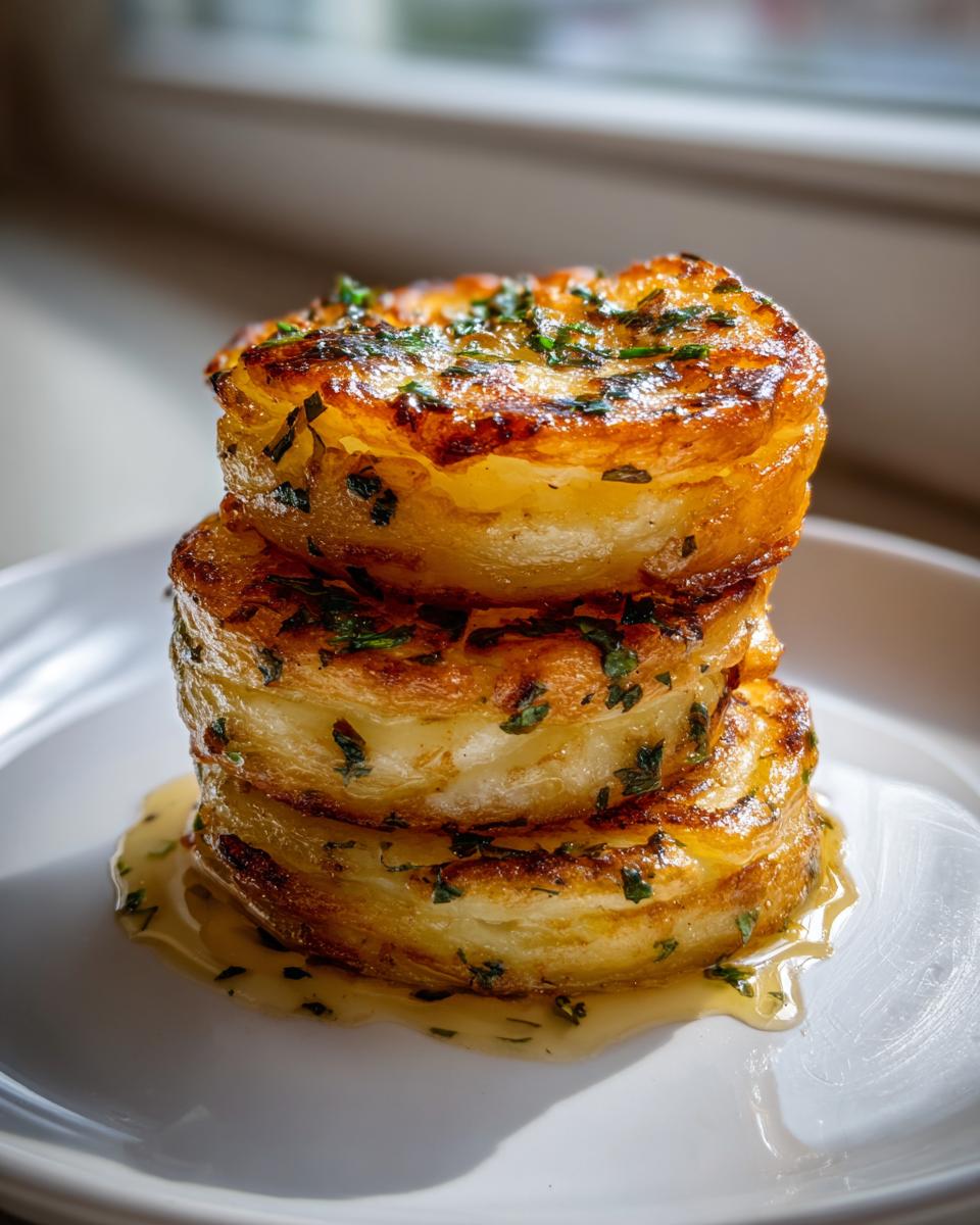 Three stacked, golden-brown potato stacks drizzled with garlic herb butter and topped with parsley.