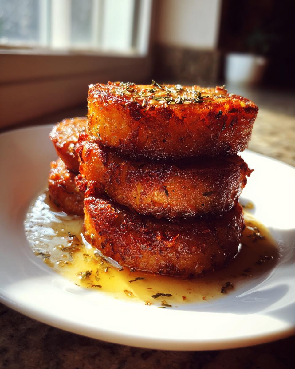 A stack of three golden-brown potato stacks drizzled with garlic herb butter.