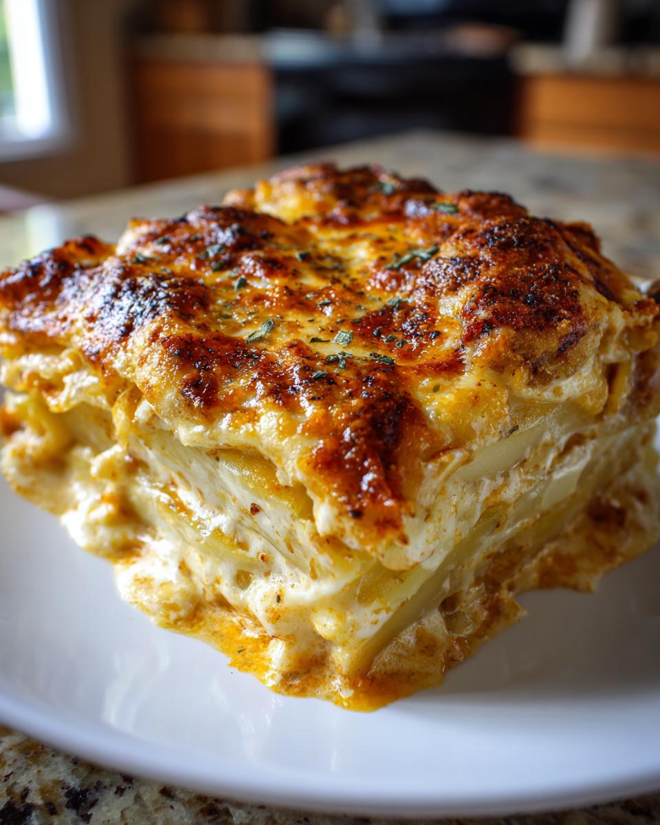 A thick, square slice of creamy potatoes au gratin with a deeply browned, cheesy top.