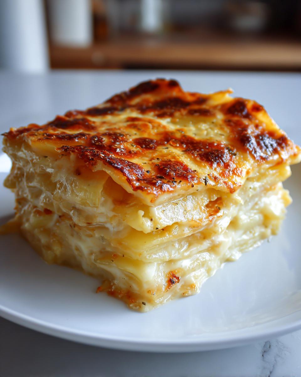 A square serving of rich, creamy potatoes au gratin with a golden-brown, cheesy crust.