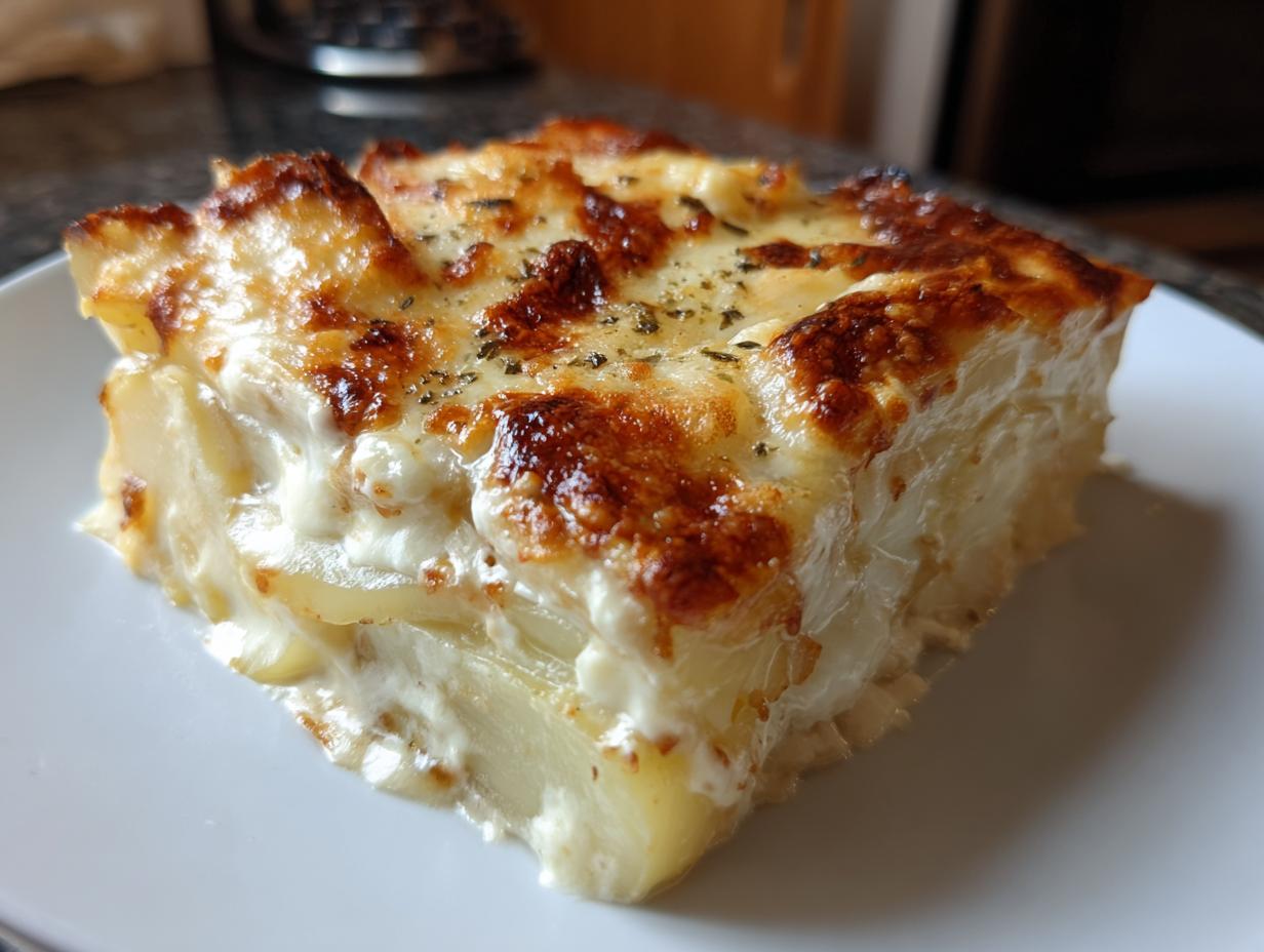 A close-up slice of creamy potatoes au gratin featuring layered potatoes and a bubbly, browned cheese topping.