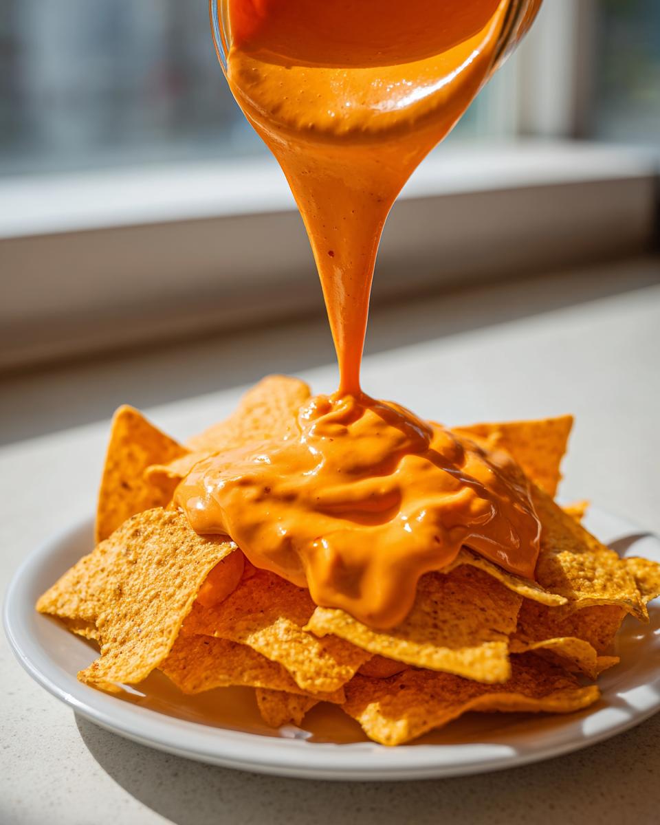 Thick, creamy nacho cheese being poured from a jar onto a pile of tortilla chips on a white plate.