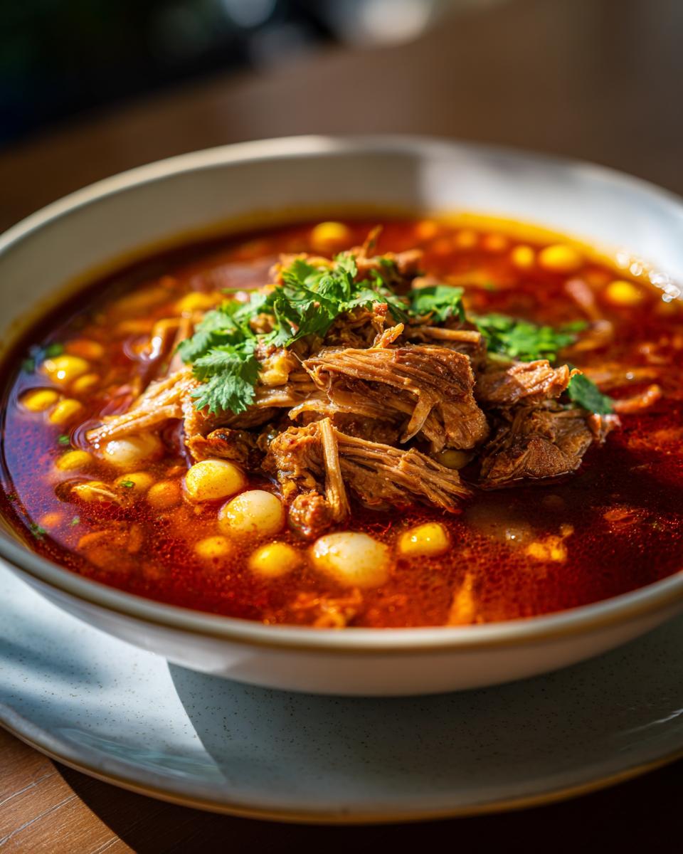 A close-up of a vibrant red bowl of Pozole rojo topped with shredded meat and fresh cilantro.