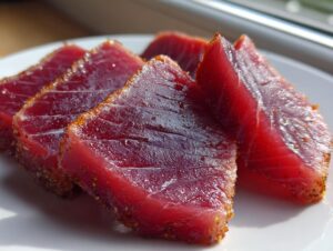 Close-up of four thick, ruby-red tuna steak pieces coated in spices, ready for a MARINADE FOR TUNA STEAK.