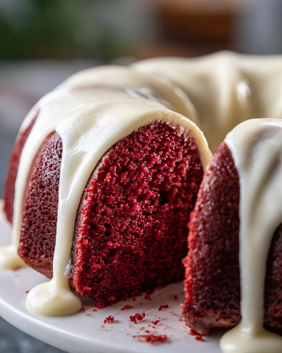 A close-up of a rich, moist red velvet bundt cake slice topped with thick white cream cheese glaze dripping down the sides.