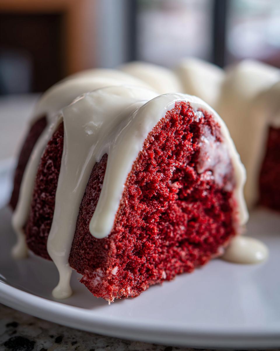 Close-up of a moist slice of red velvet bundt cake generously topped with dripping white cream cheese glaze.