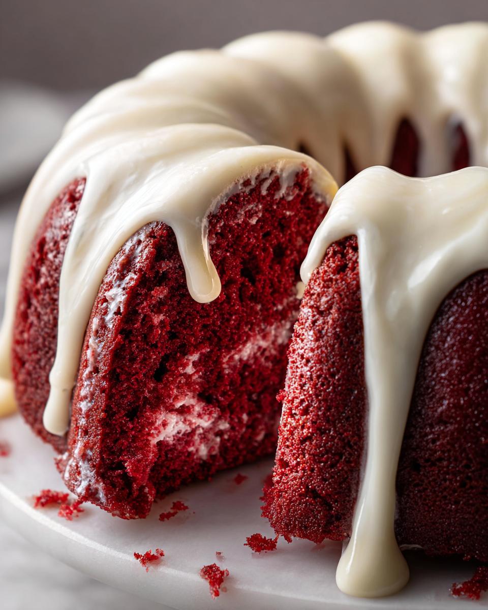 Close-up of a moist red velvet bundt cake, sliced to show the interior, topped with thick white cream cheese glaze dripping down the sides.