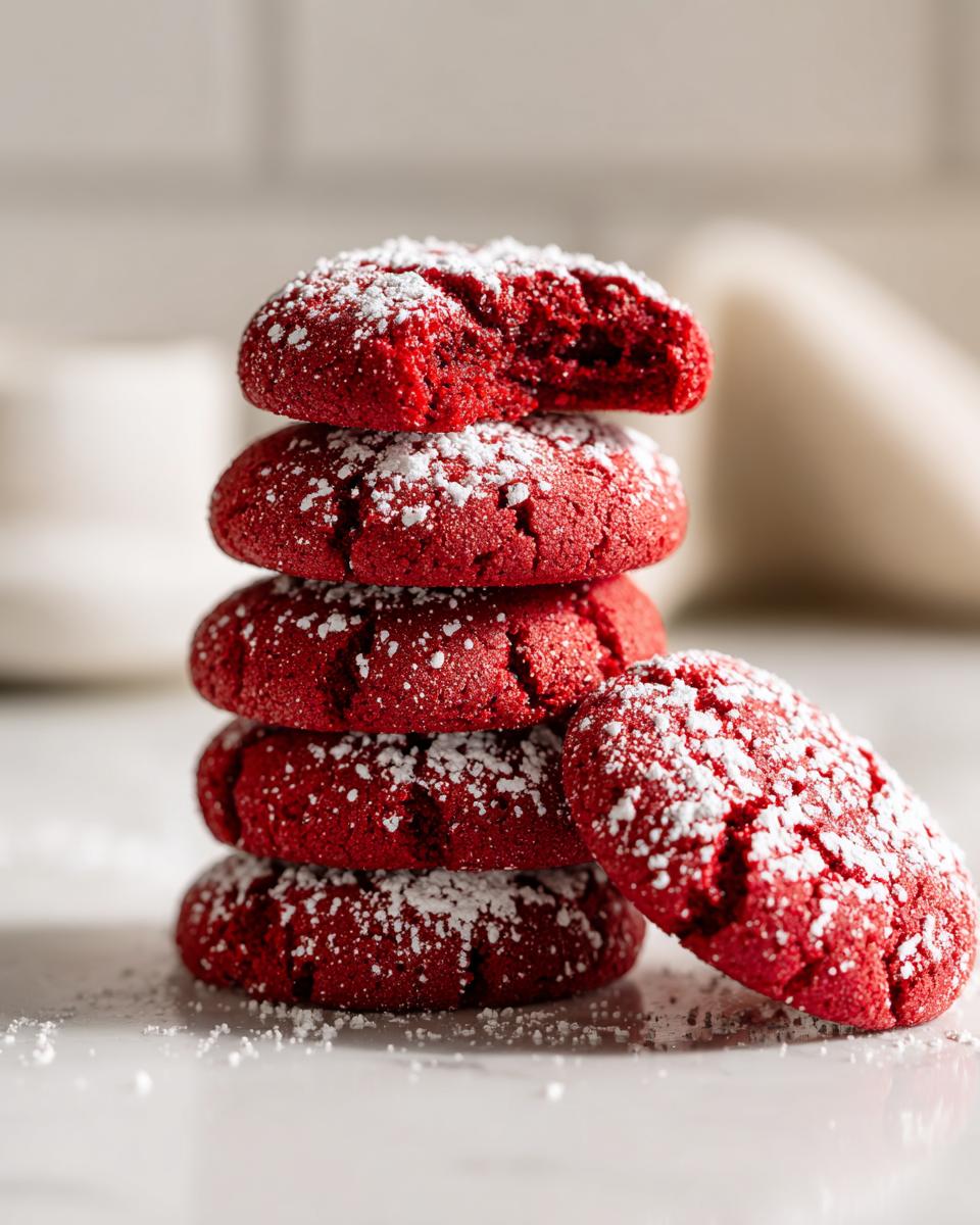 A stack of five vibrant red velvet cake mix cookies dusted heavily with powdered sugar, one cookie leaning against the stack.
