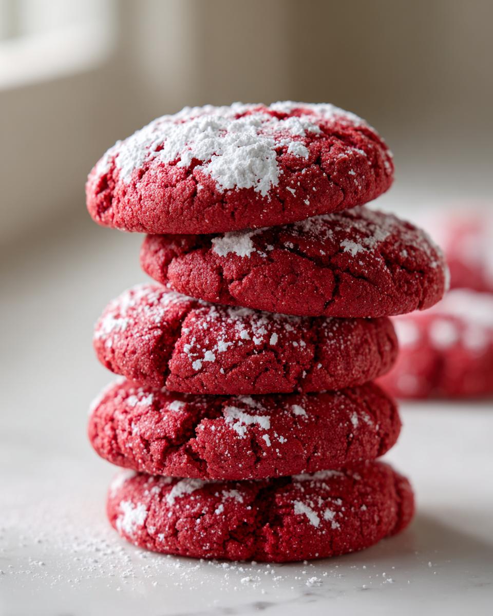 A vertical stack of four vibrant red velvet cake mix cookies dusted heavily with powdered sugar.