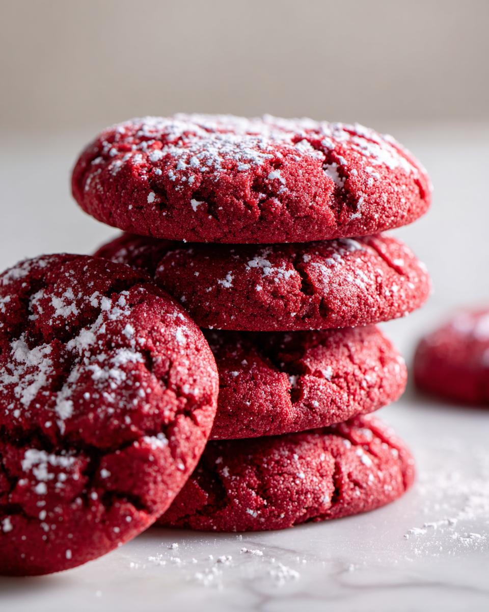 A stack of four vibrant red velvet cake mix cookies dusted lightly with white powdered sugar.