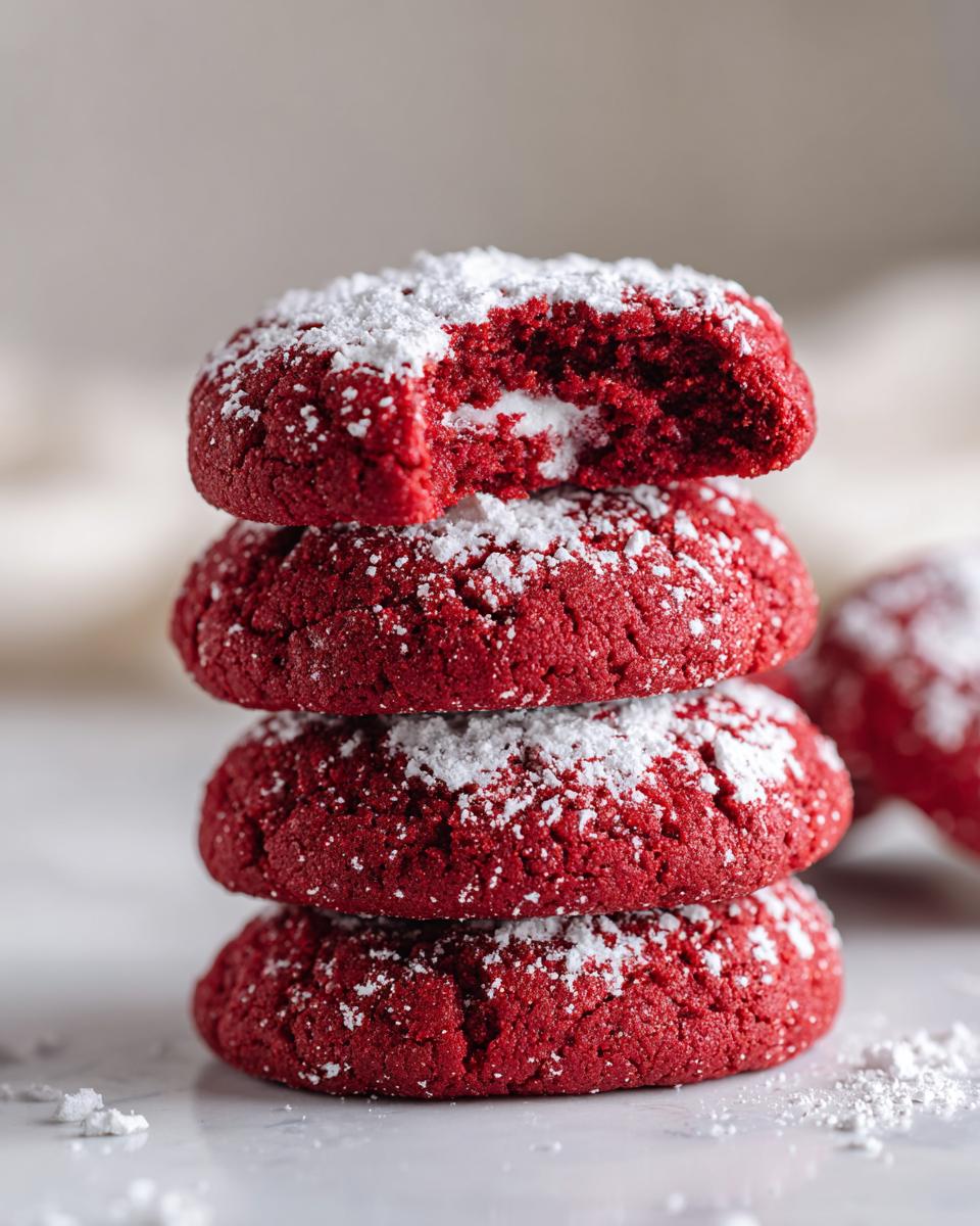 A stack of four vibrant red velvet cake mix cookies dusted with powdered sugar, the top one having a bite taken out.