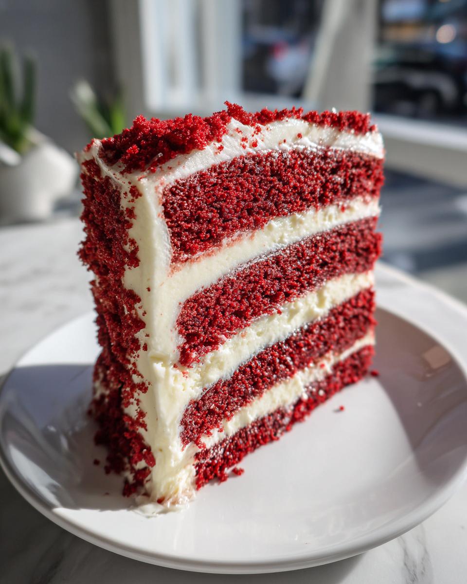A tall, four-layer slice of vibrant red velvet cake layered with thick white cream cheese frosting.