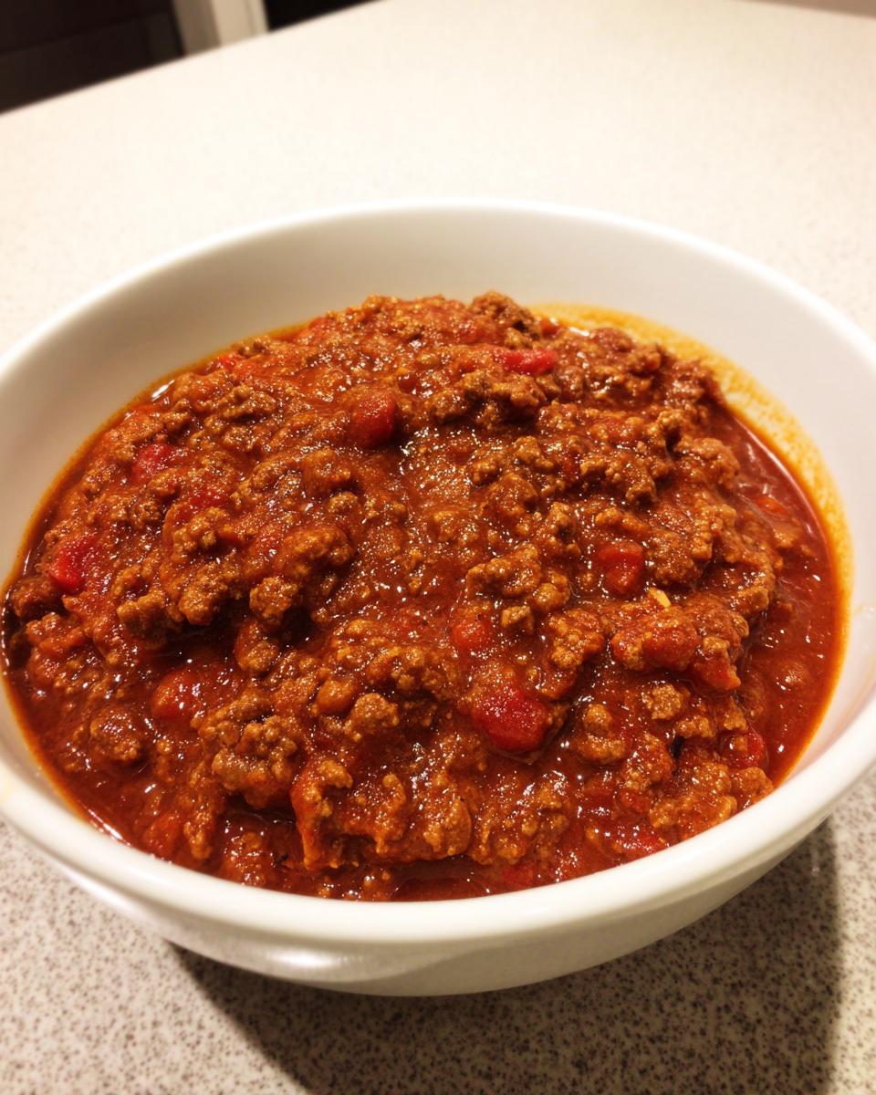 Close-up of a white bowl filled with thick, rich crockpot chili featuring ground meat and tomatoes.
