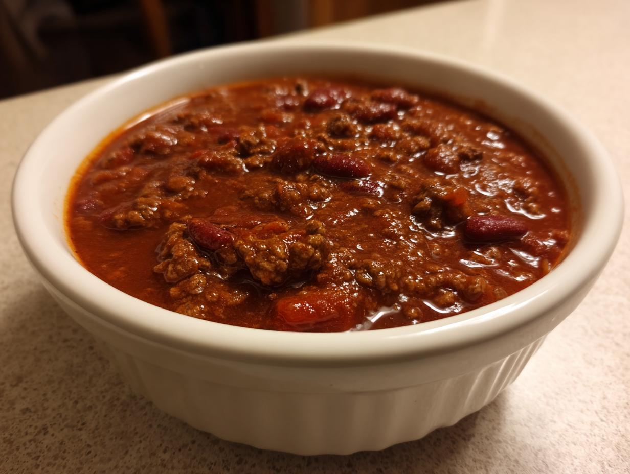 Close-up of a white bowl filled with rich, thick crockpot chili featuring ground meat and kidney beans.