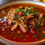 Close-up of a steaming bowl of Pozole rojo, featuring rich red broth, shredded pork, and fresh cilantro garnish.