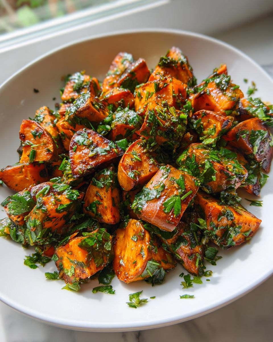 Close-up of roasted, glazed sweet potato chunks generously topped with fresh chopped parsley for sweet potato salad.