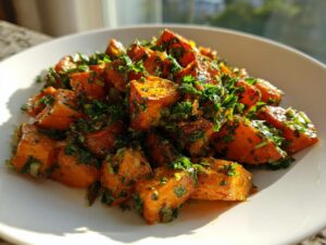 A close-up of roasted, cubed sweet potato salad generously topped with fresh, chopped green herbs.