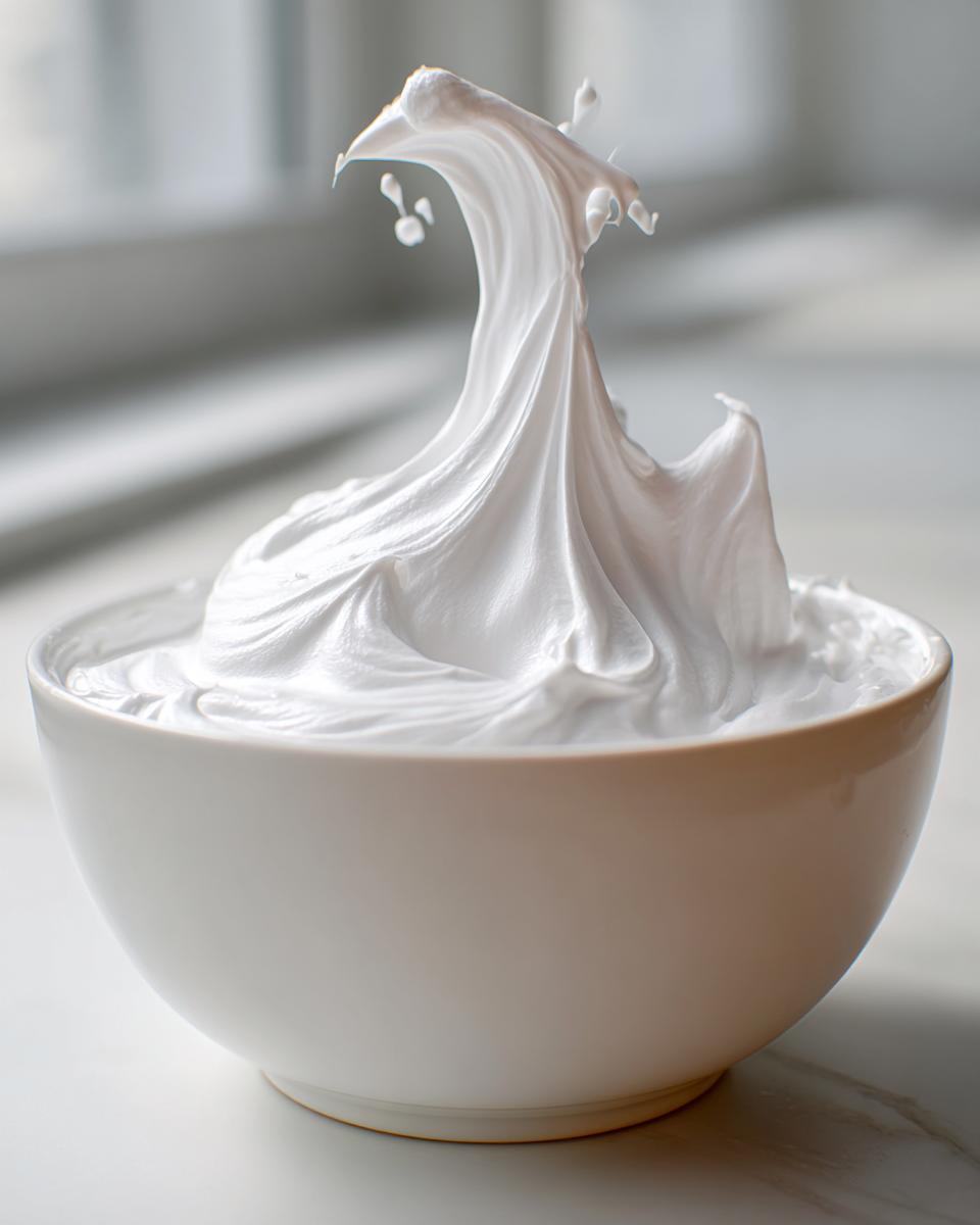 A close-up of thick, glossy white royal icing recipe mixture forming stiff peaks in a white bowl.