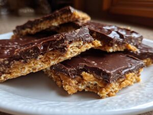 Close-up of several rich saltine cracker toffee bars stacked on a white plate, showing the crunchy base and thick chocolate topping.