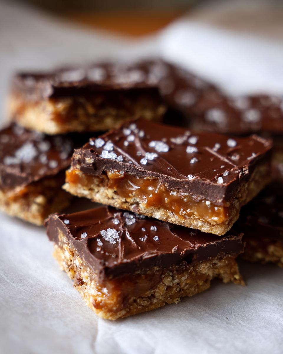 Close-up of rich saltine cracker toffee bars stacked, featuring a thick caramel layer and dark chocolate topping sprinkled with sea salt.
