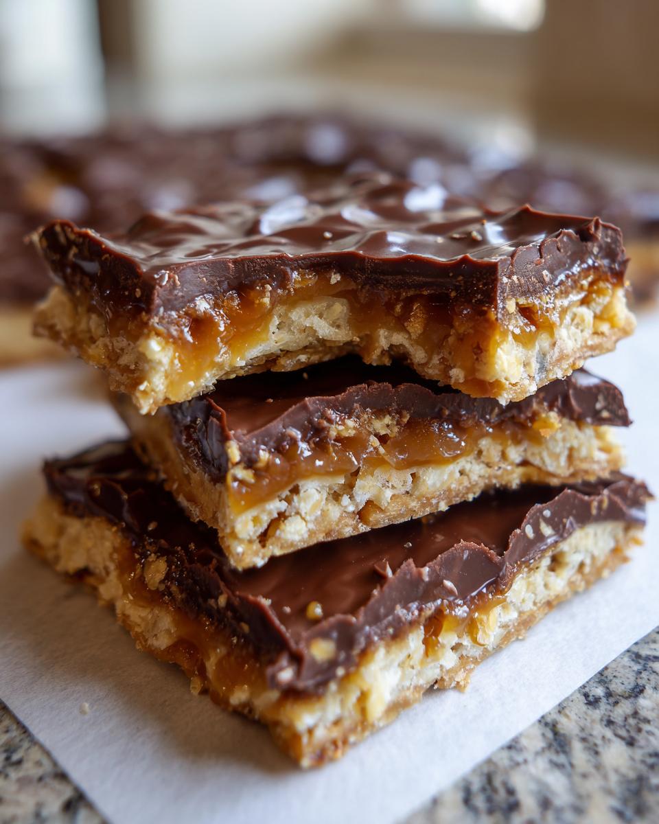 Three stacked squares of rich saltine cracker toffee showing the crunchy base, gooey caramel, and melted chocolate topping.