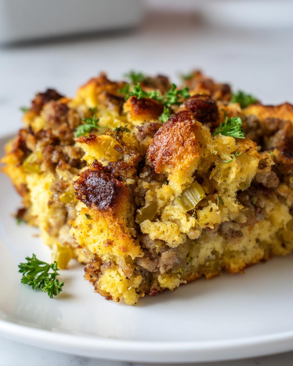 A close-up, appetizing serving of moist sausage stuffing with visible celery and browned sausage crumbles, garnished with parsley.
