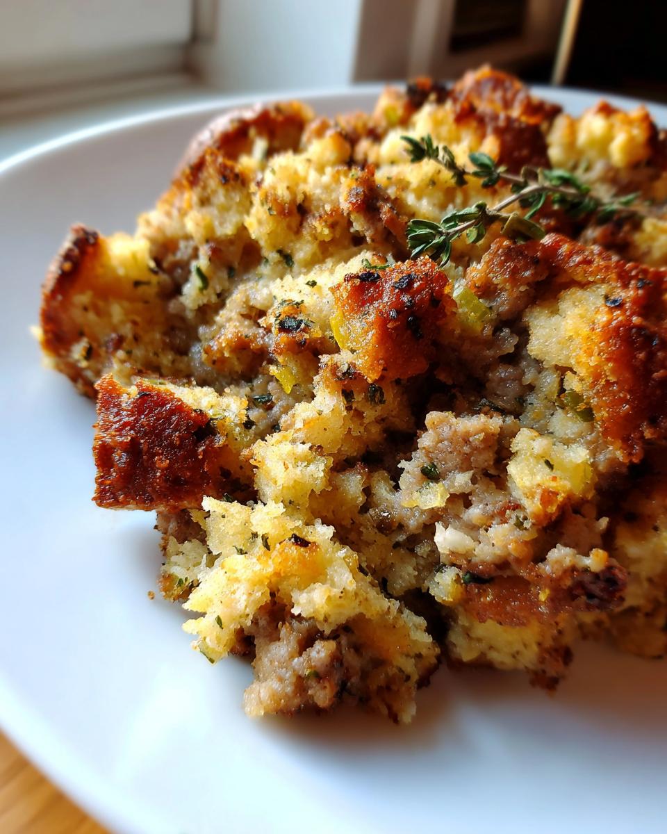A close-up of a serving of savory sausage stuffing, featuring browned bread cubes and ground sausage, garnished with fresh thyme.