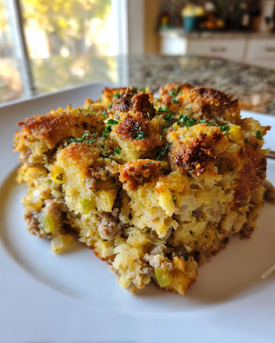 A square serving of moist sausage stuffing with a golden, crispy top, garnished with parsley.