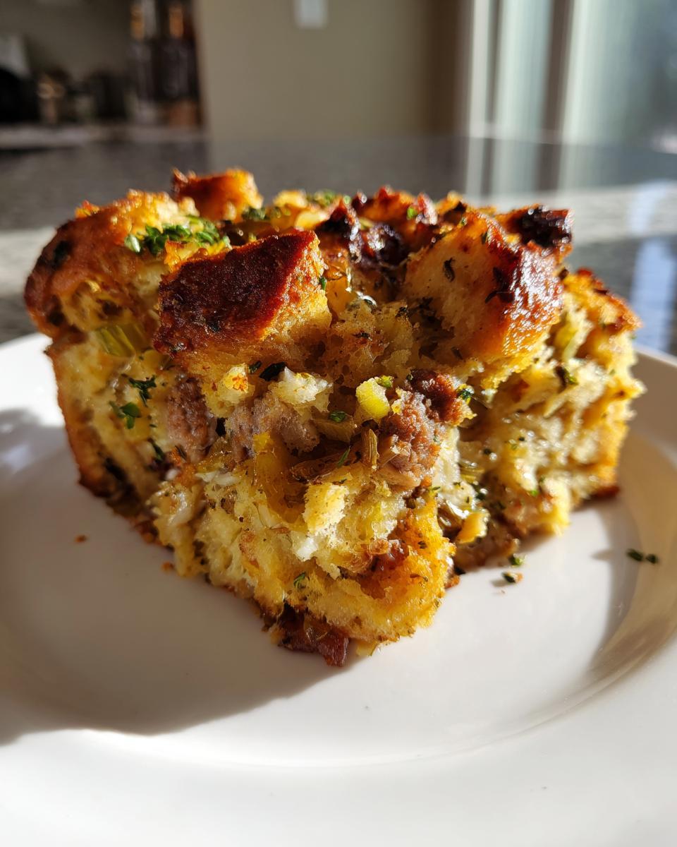 A close-up of a golden brown slice of sausage stuffing on a white plate, showing bread cubes and herbs.
