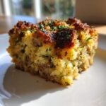 A close-up of a golden brown slice of sausage stuffing, topped with fresh parsley.