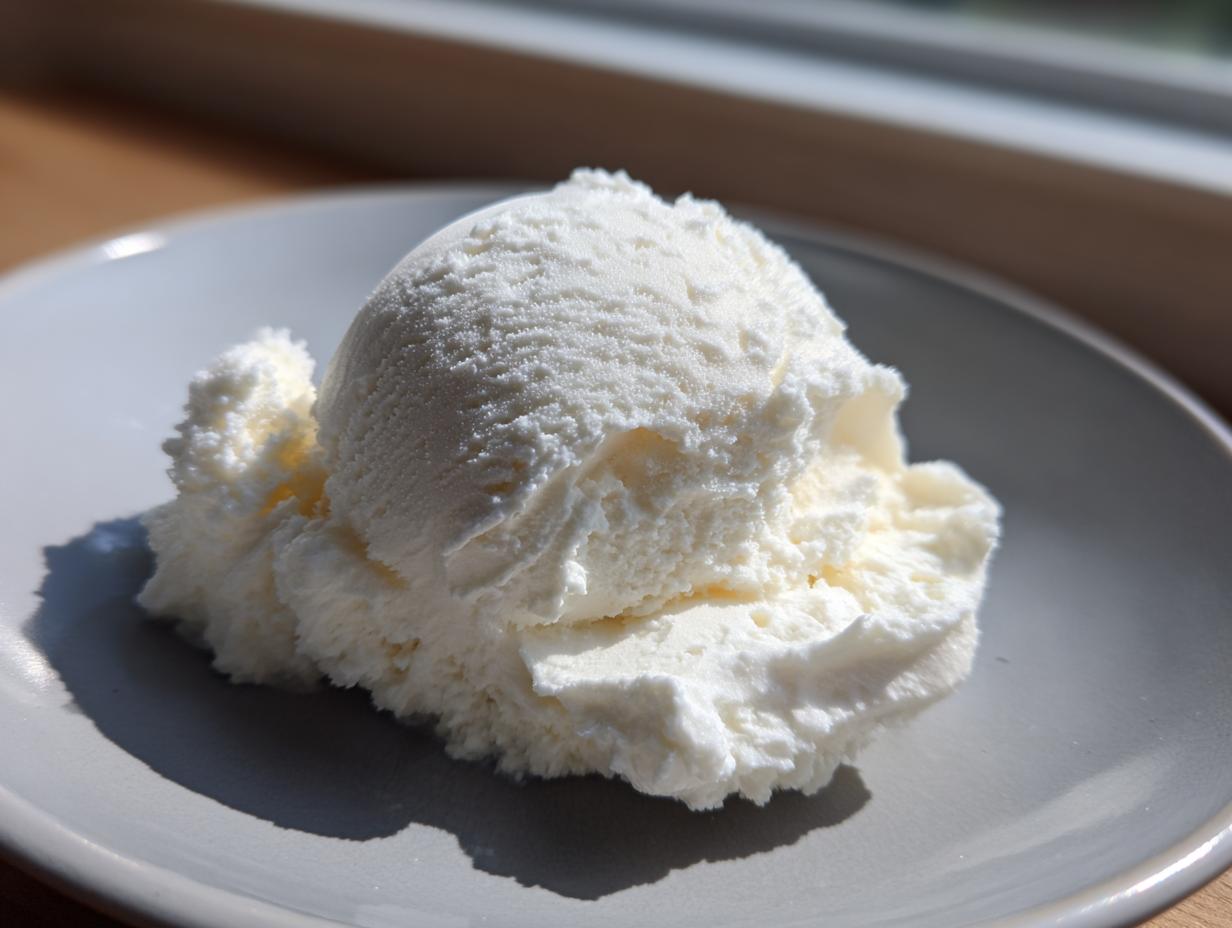 A generous scoop of white, fluffy cottage cheese ice cream resting on a light gray plate near a window.