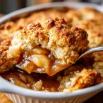 A spoonful of warm apple cobbler showing tender, spiced apples and a golden, crumbly topping.