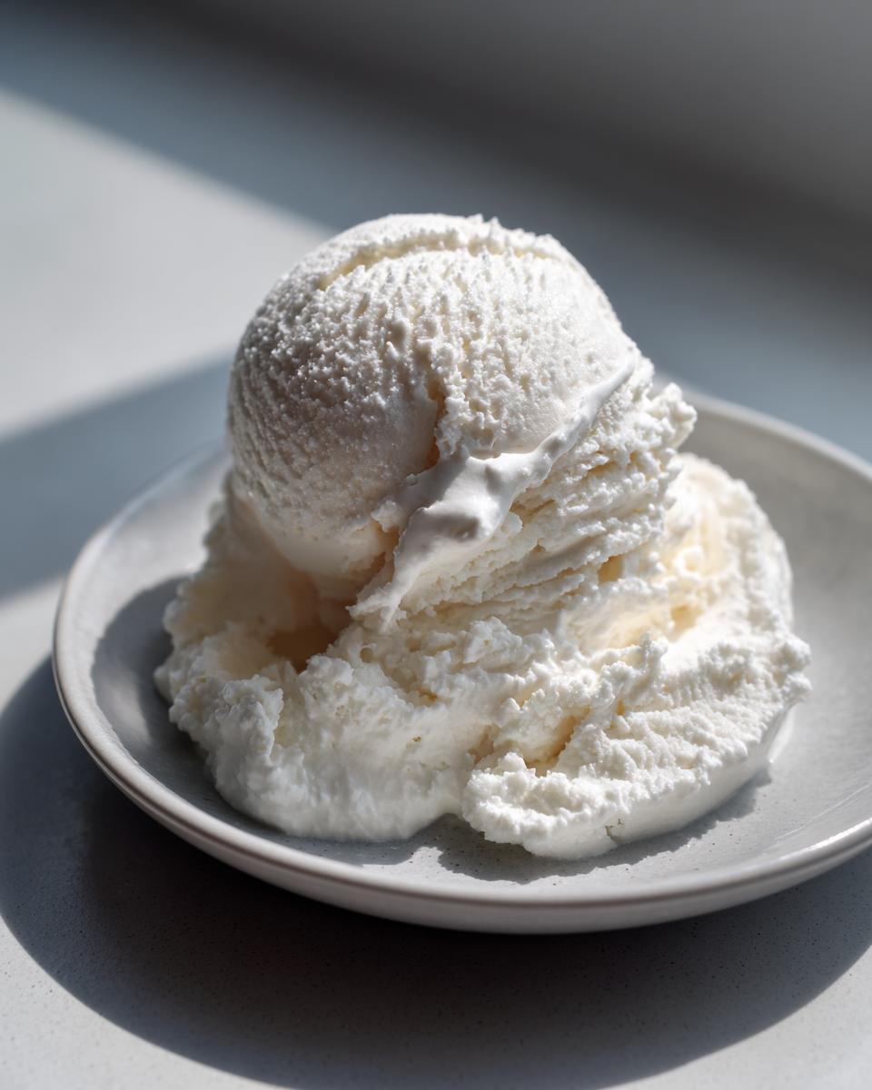 Two scoops of creamy white cottage cheese ice cream melting slightly on a small grey plate.