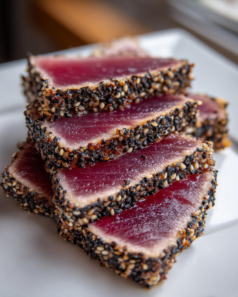 Close-up of perfectly seared Ahi Tuna slices stacked on a white plate, featuring a thick black and white sesame seed crust.