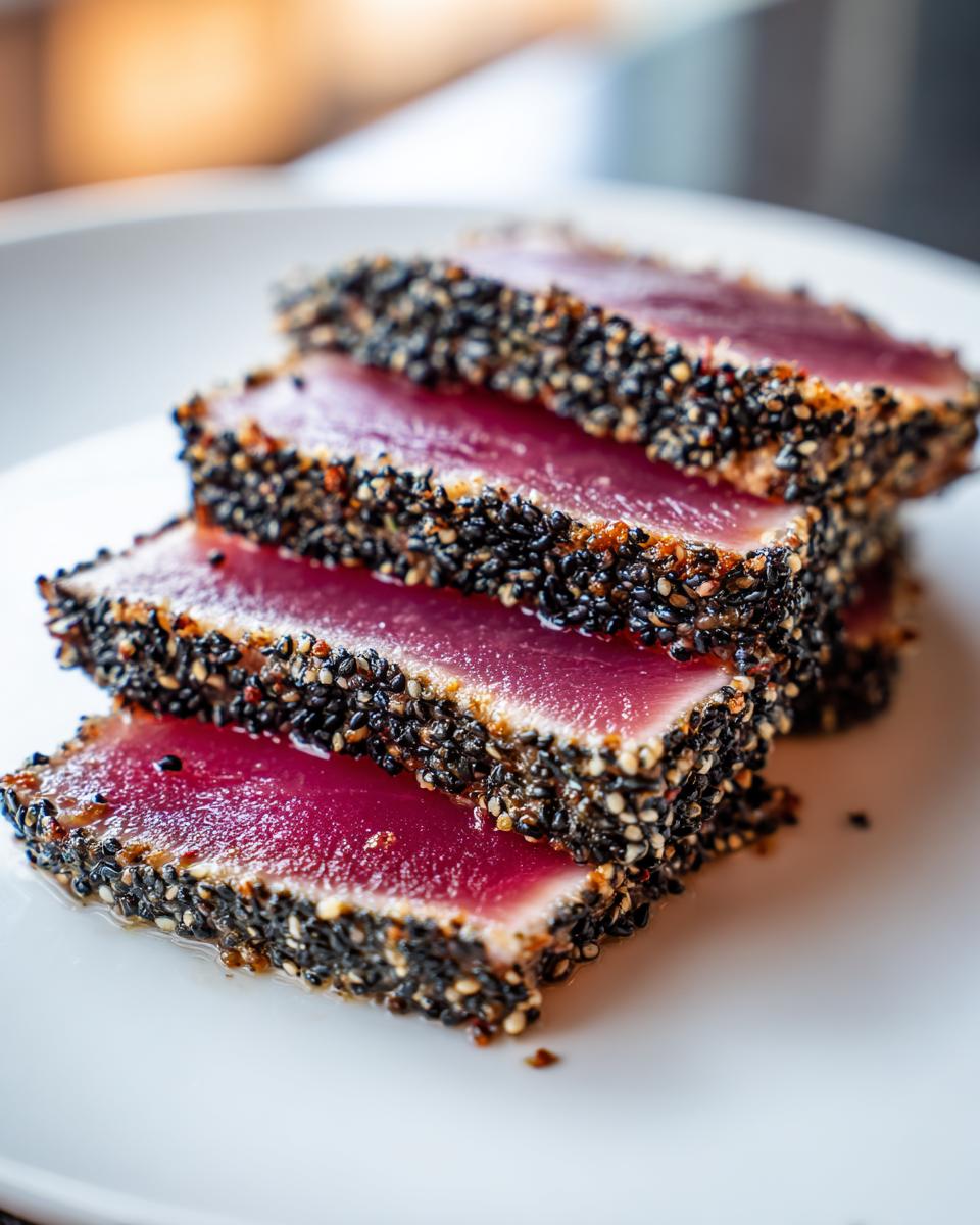 Four thick slices of perfectly seared ahi tuna, crusted with black and white sesame seeds, stacked on a white plate.