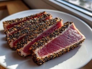 Four slices of perfectly seared ahi tuna, crusted heavily with black and white sesame seeds, showing a rare red center.