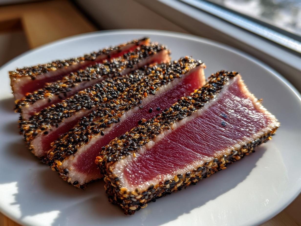 Four slices of perfectly seared ahi tuna, crusted heavily with black and white sesame seeds, showing a rare red center.
