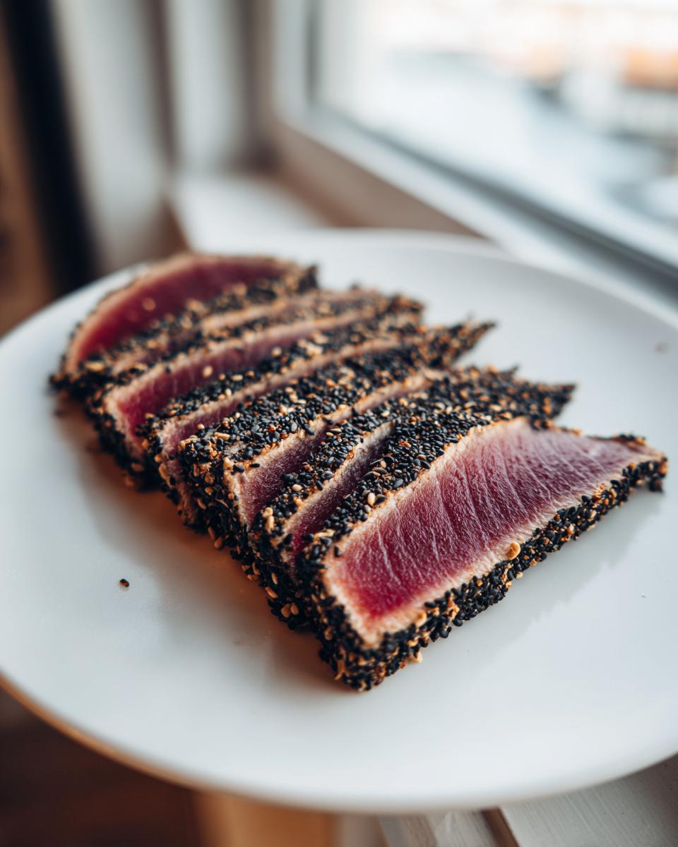 Slices of sesame-crusted Seared Ahi Tuna, perfectly rare in the center, arranged on a white plate.