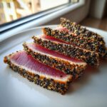 Four slices of perfectly seared ahi tuna coated in black and white sesame seeds, showing a rare, pink center.
