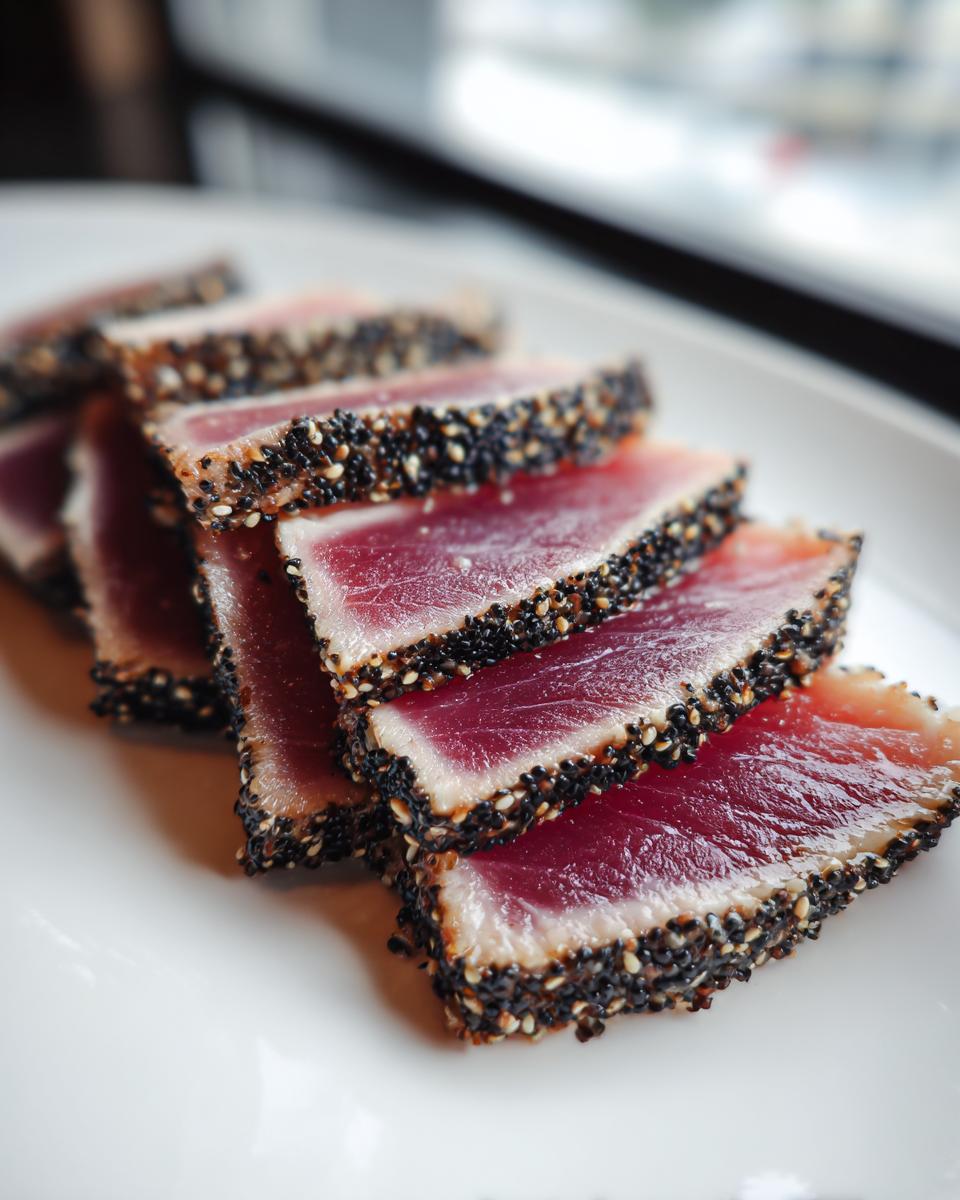 Close-up of perfectly Seared Ahi Tuna slices, crusted with black and white sesame seeds, served on a white plate.